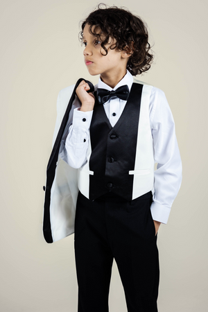 Boys Off White Tuxedo With Black Lapel + Black Pants