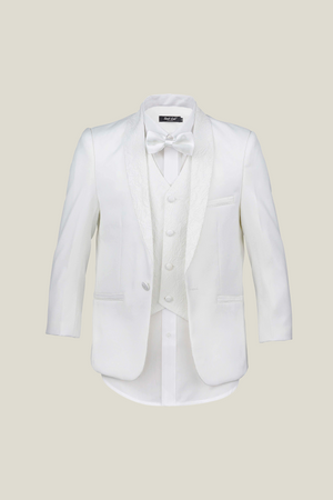 Boys Off White Tuxedo With Embroidery Lapel + Black Pants