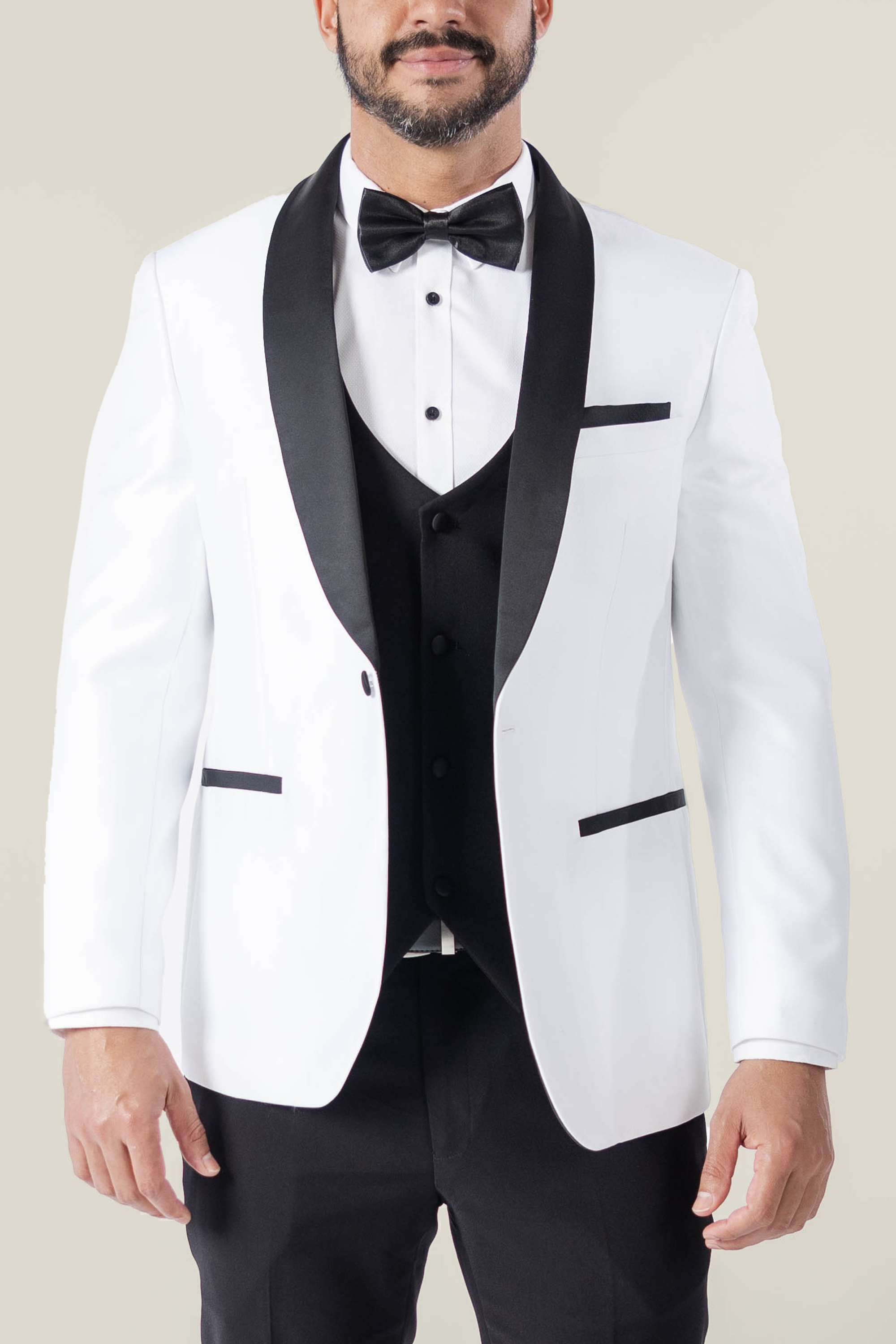 Men's Pearl White Tuxedo Jacket with Black Satin Lapel