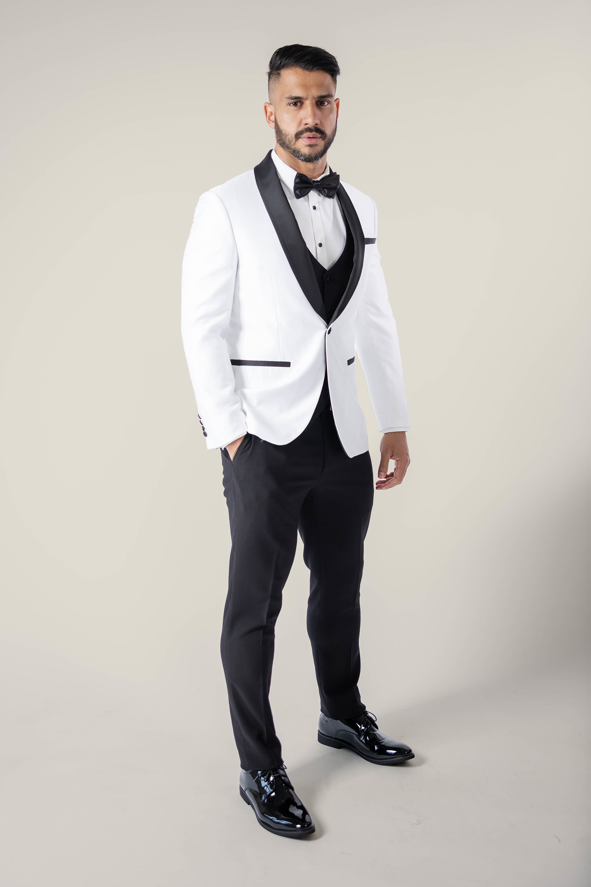 Men s White Tuxedo with Black Lapel Jacket