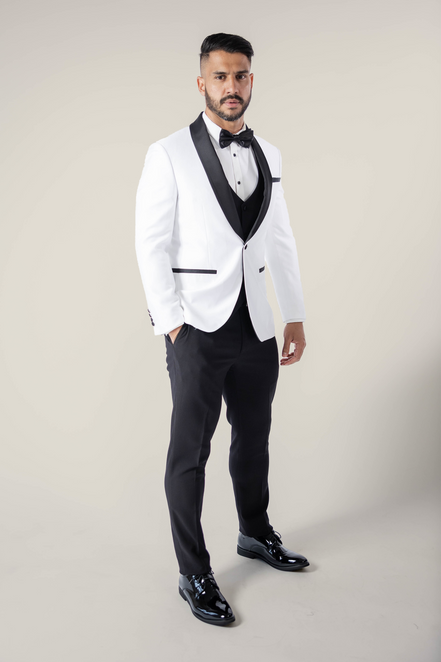 Men's Pearl White Tuxedo Jacket with Black Satin Lapel