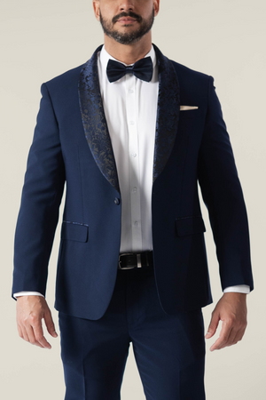 Men's Navy Tuxedo Jacket With Embroidery Lapel