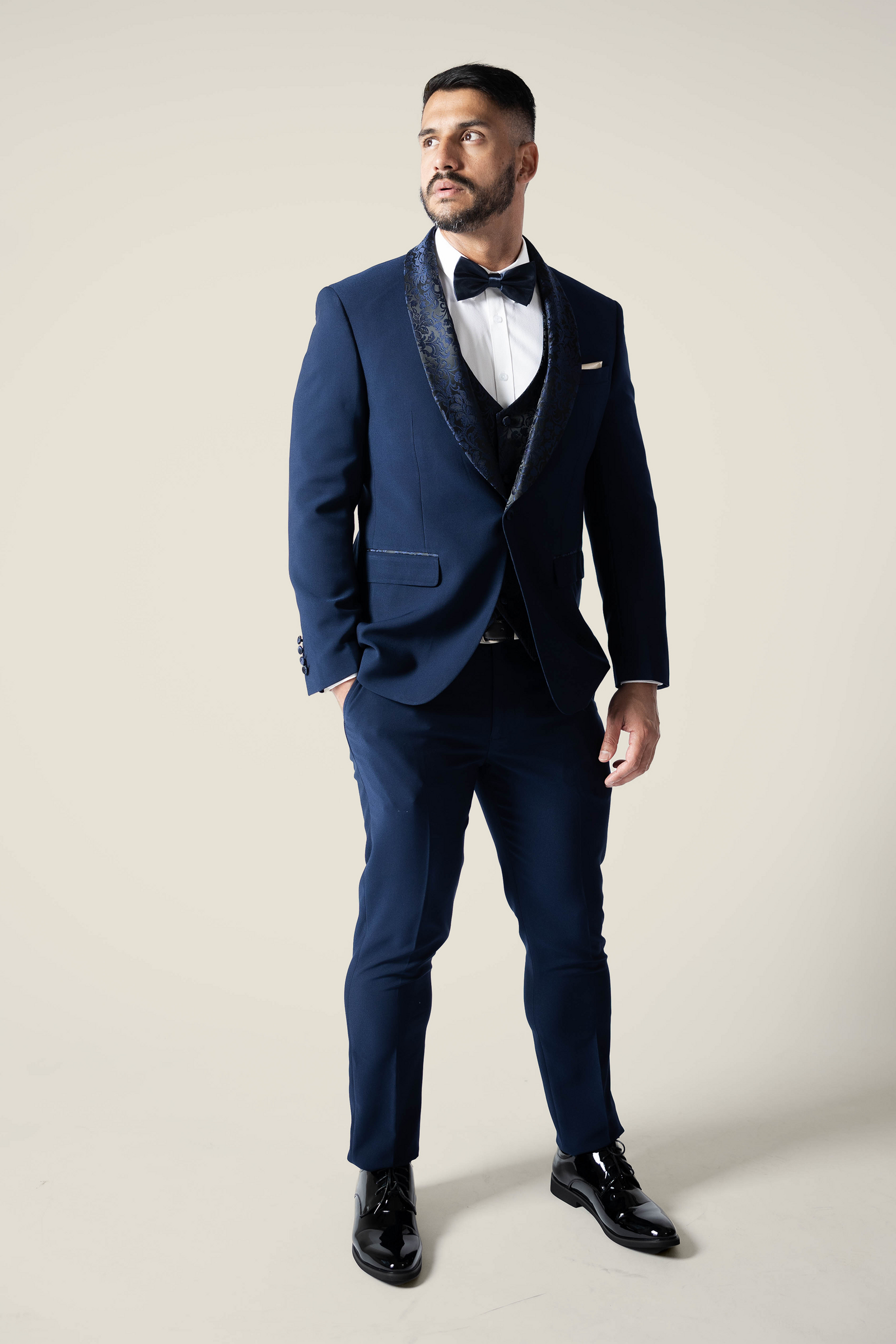 Mens Navy Tuxedo with Embroidery Lapel