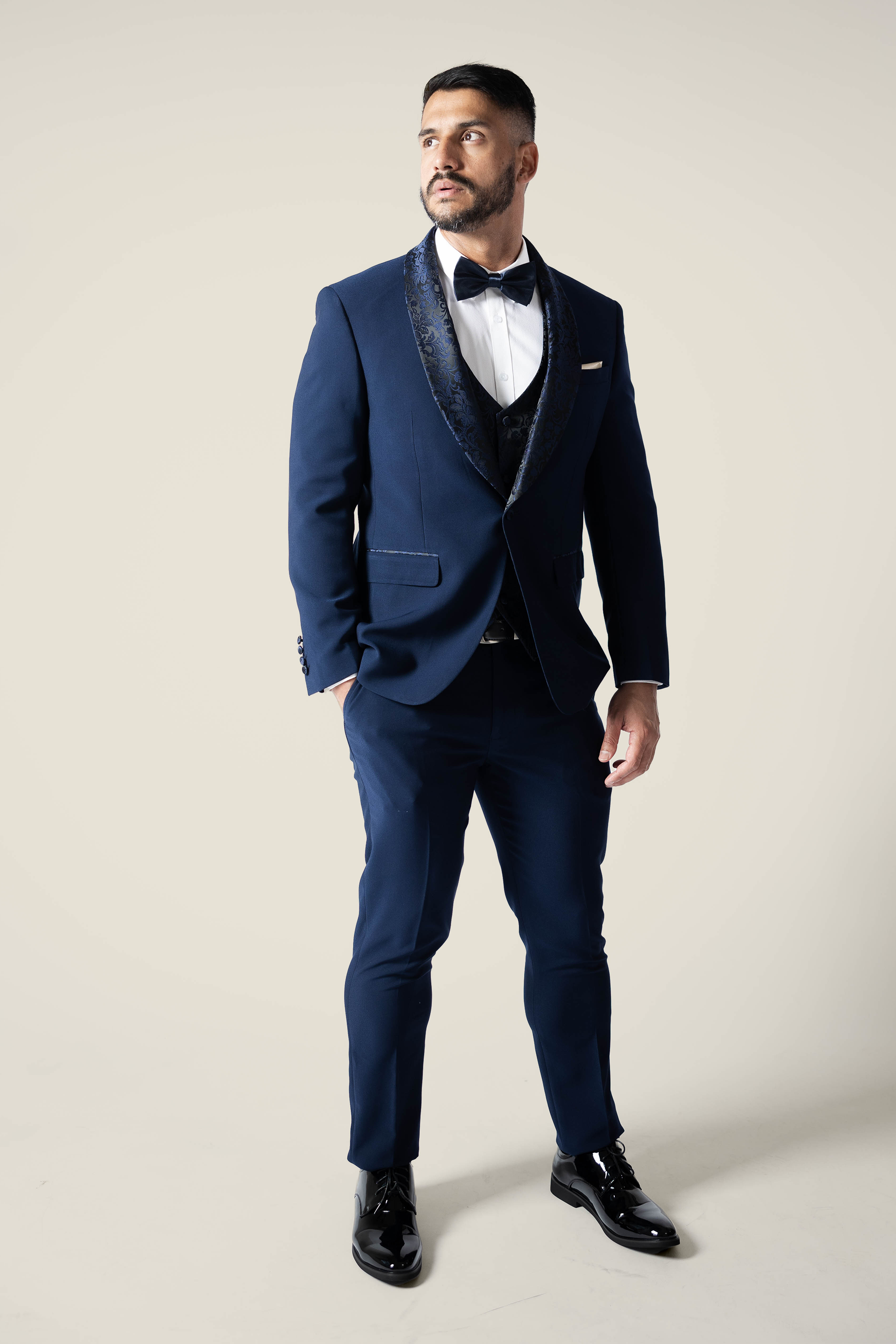 Mens Navy Tuxedo with Embroidery Lapel