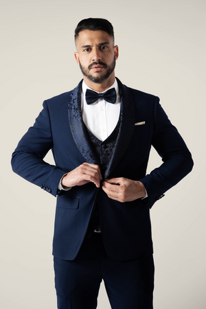 Mens Navy Tuxedo with Embroidery Lapel
