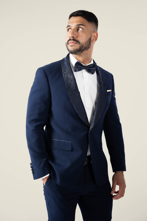 Mens Navy Tuxedo with Embroidery Lapel