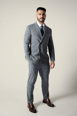 Mens Double Breasted Grey Checks Suit