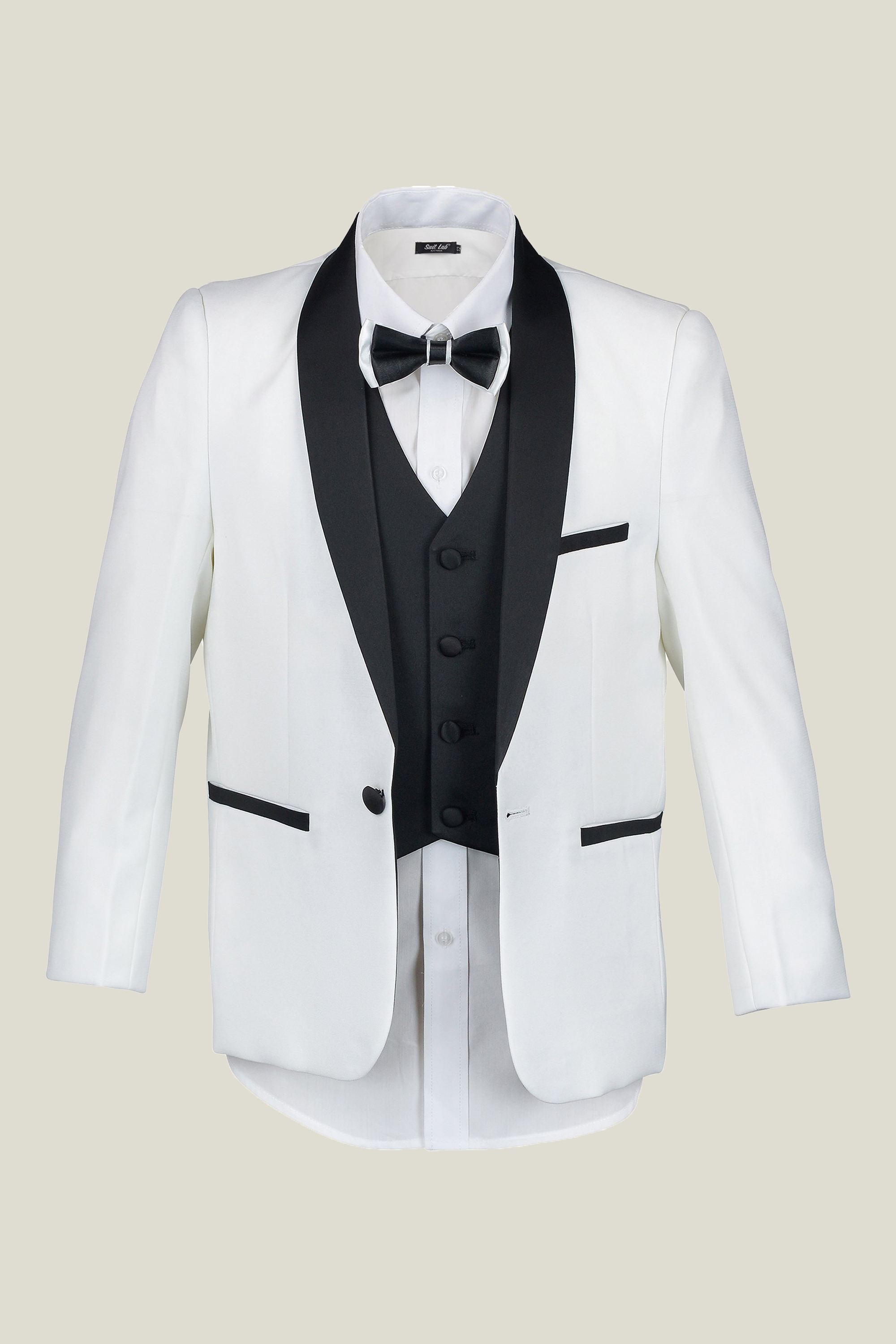 Boys Off White Tuxedo With Black Lapel + Off White Pants