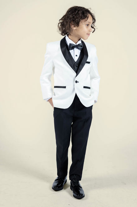 Boys' Pearl White Tuxedo + Black Pants