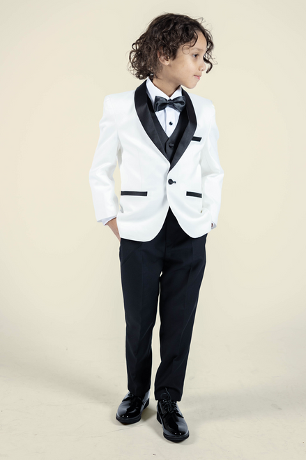 Boys' Pearl White Tuxedo + Black Pants