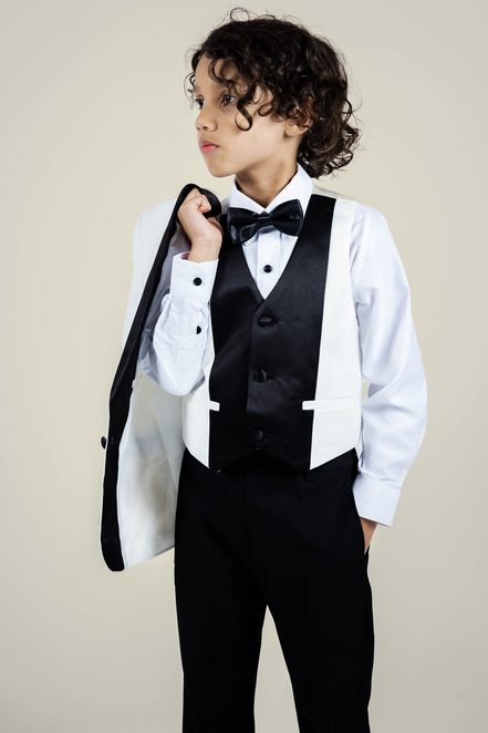 Boys' Pearl White Tuxedo + Black Pants