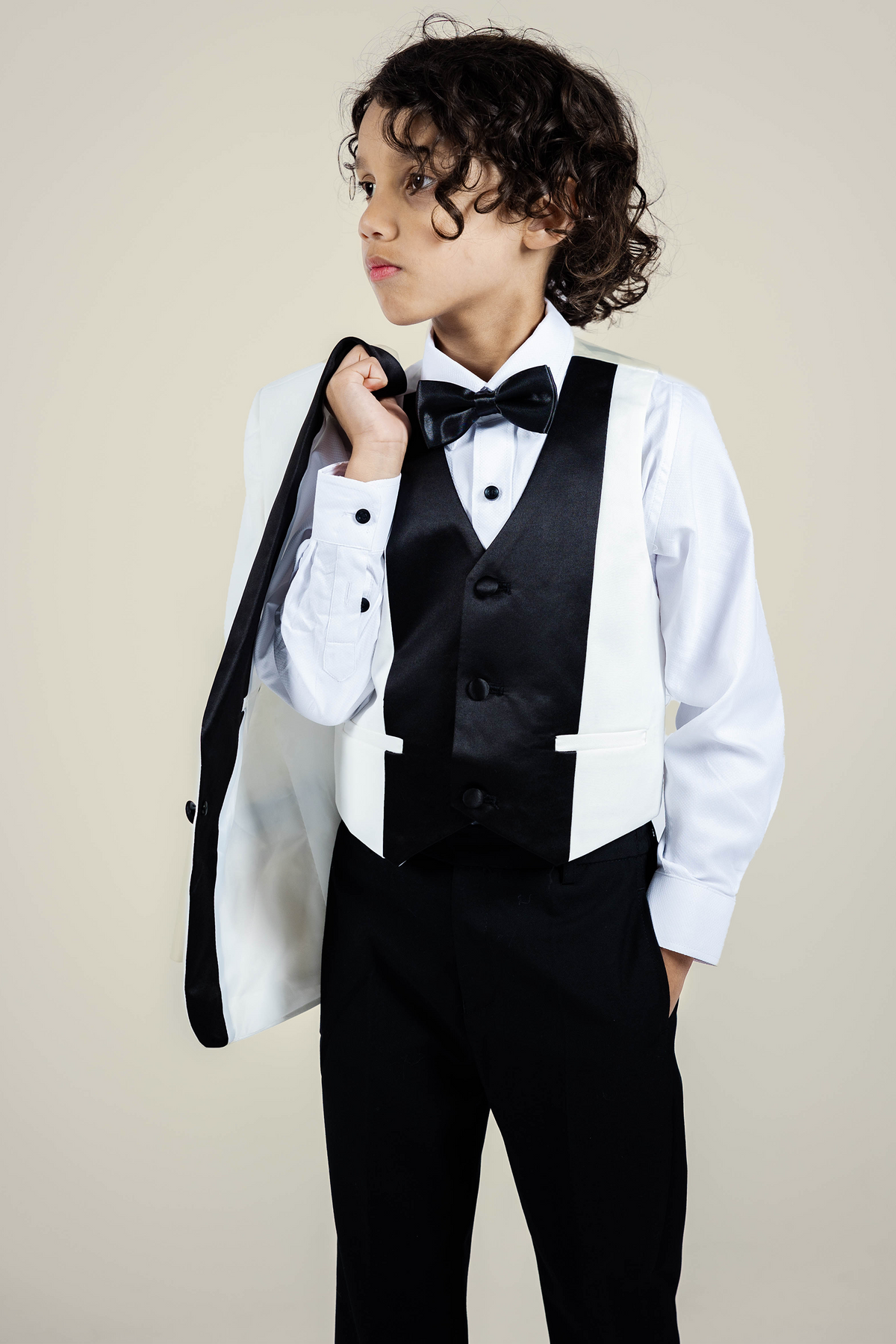 Boys Off White Tuxedo With Black Lapel + Black Pants