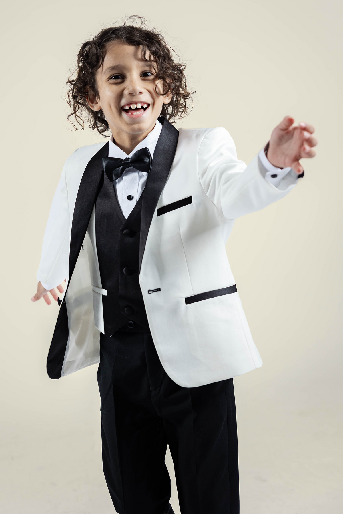 Boys Off White Tuxedo With Black Lapel + Black Pants
