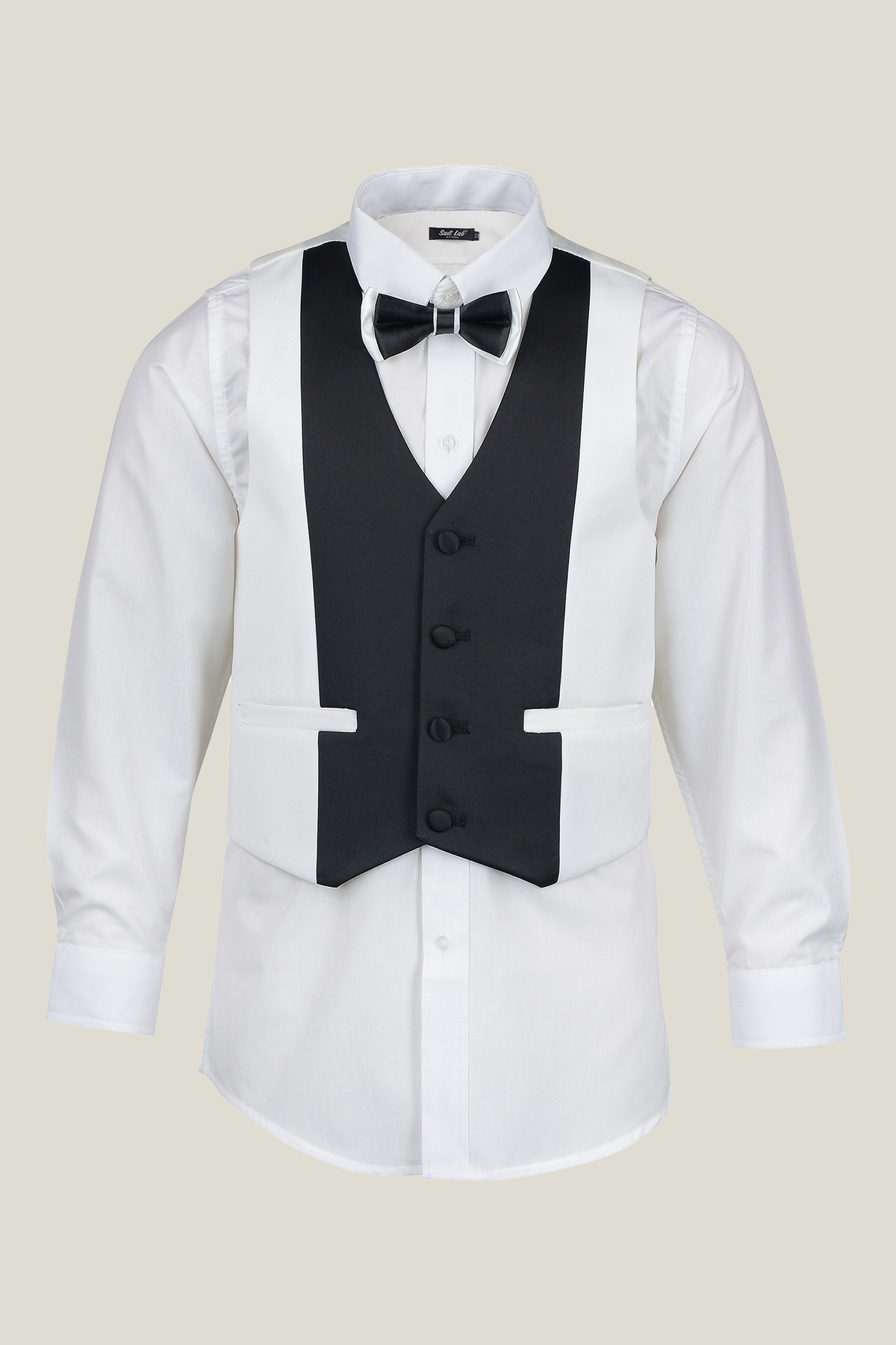 Boys Off White Tuxedo With Black Lapel + Black Pants
