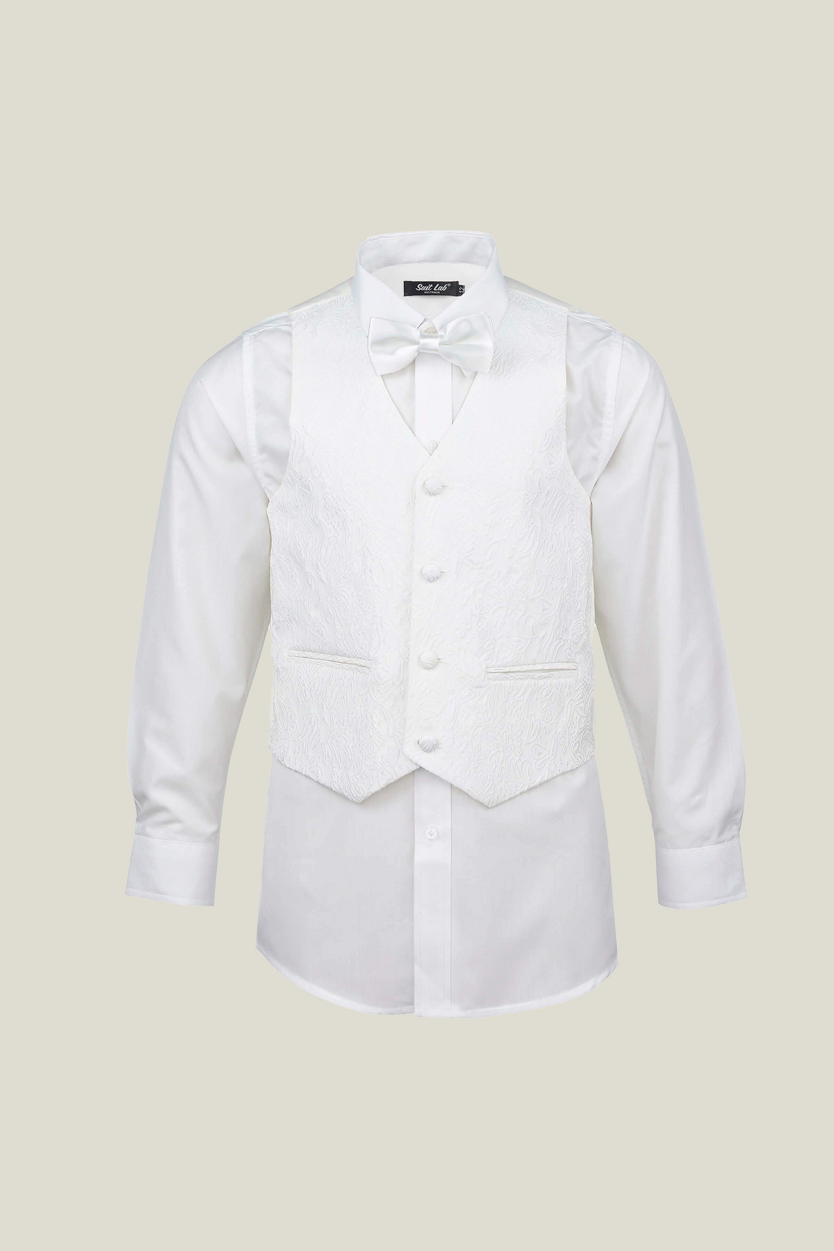 Boys Off White Tuxedo With Embroidery Lapel + Black Pants