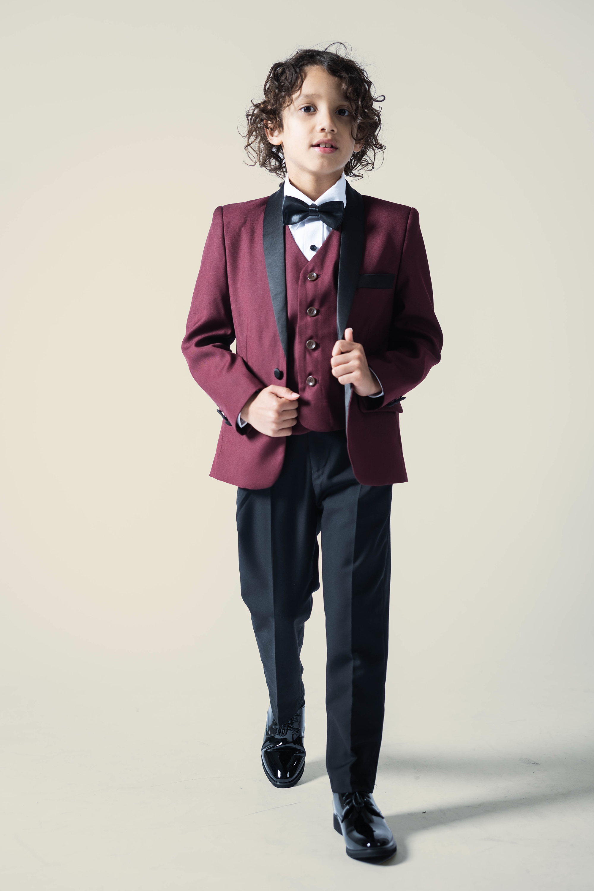 Boys' Crimson Burgundy Tuxedo + Black Pants