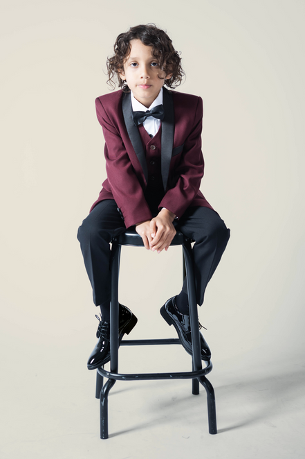 Boys' Crimson Burgundy Tuxedo + Black Pants