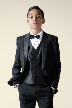 Boys Black Tuxedo With Embroidery Lapel