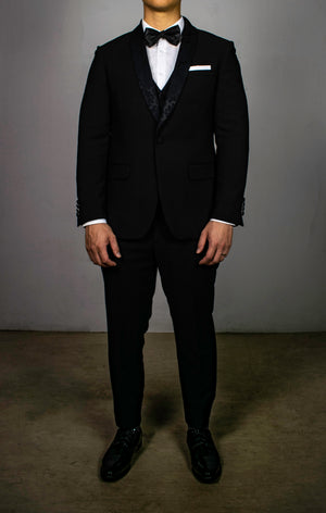 Mens Black Tuxedo with Embroidery Lapel
