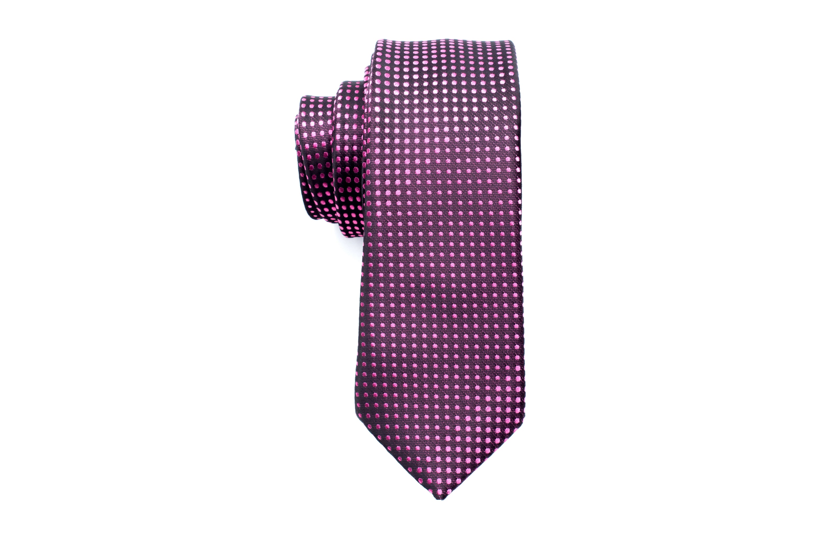 Men's Skinny Tie - Black with Pink Polka Dots